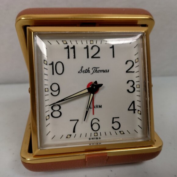 Vintage Seth Thomas Alarm Clock Travel Size Foldable Brown Plastic Case Glowing - Picture 1 of 16